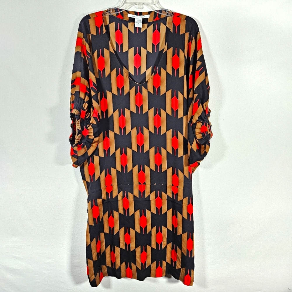 Diane Von Furstenberg Womens Size 12 Multicolor Silk Geometric V-Neck Mini Dress